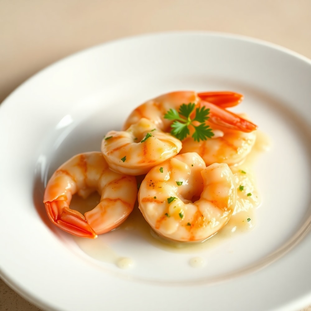 Plated creamy garlic shrimp with parsley garnish on a white plate