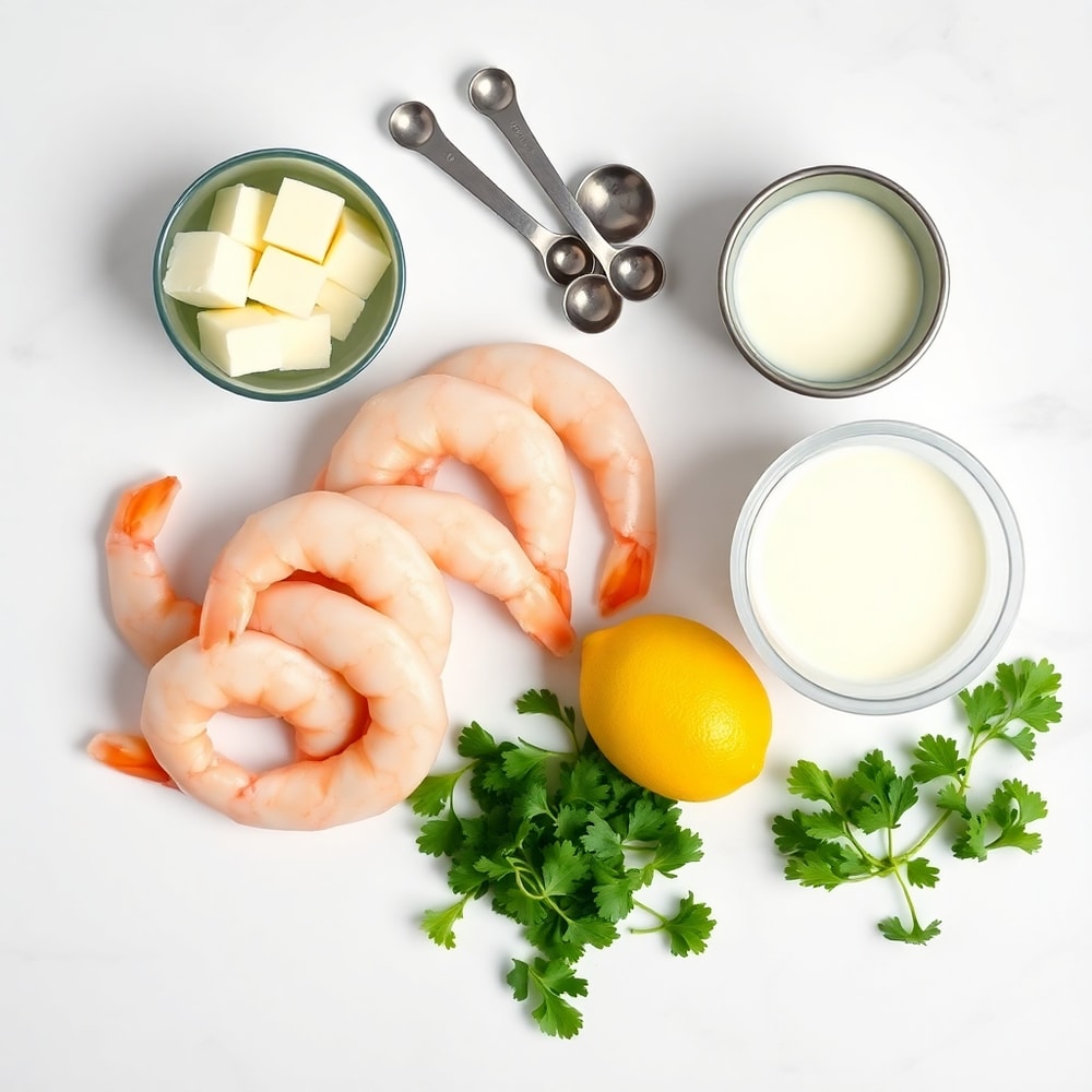 Raw shrimp, garlic, butter, heavy cream, parsley, and lemon arranged on a white marble surface
