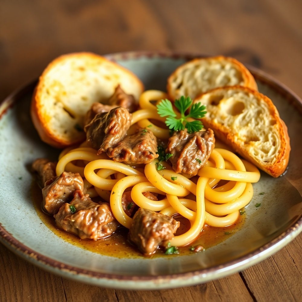 Plated Garlic Steak Tortellini with garlic bread, parsley garnish, on rustic plate