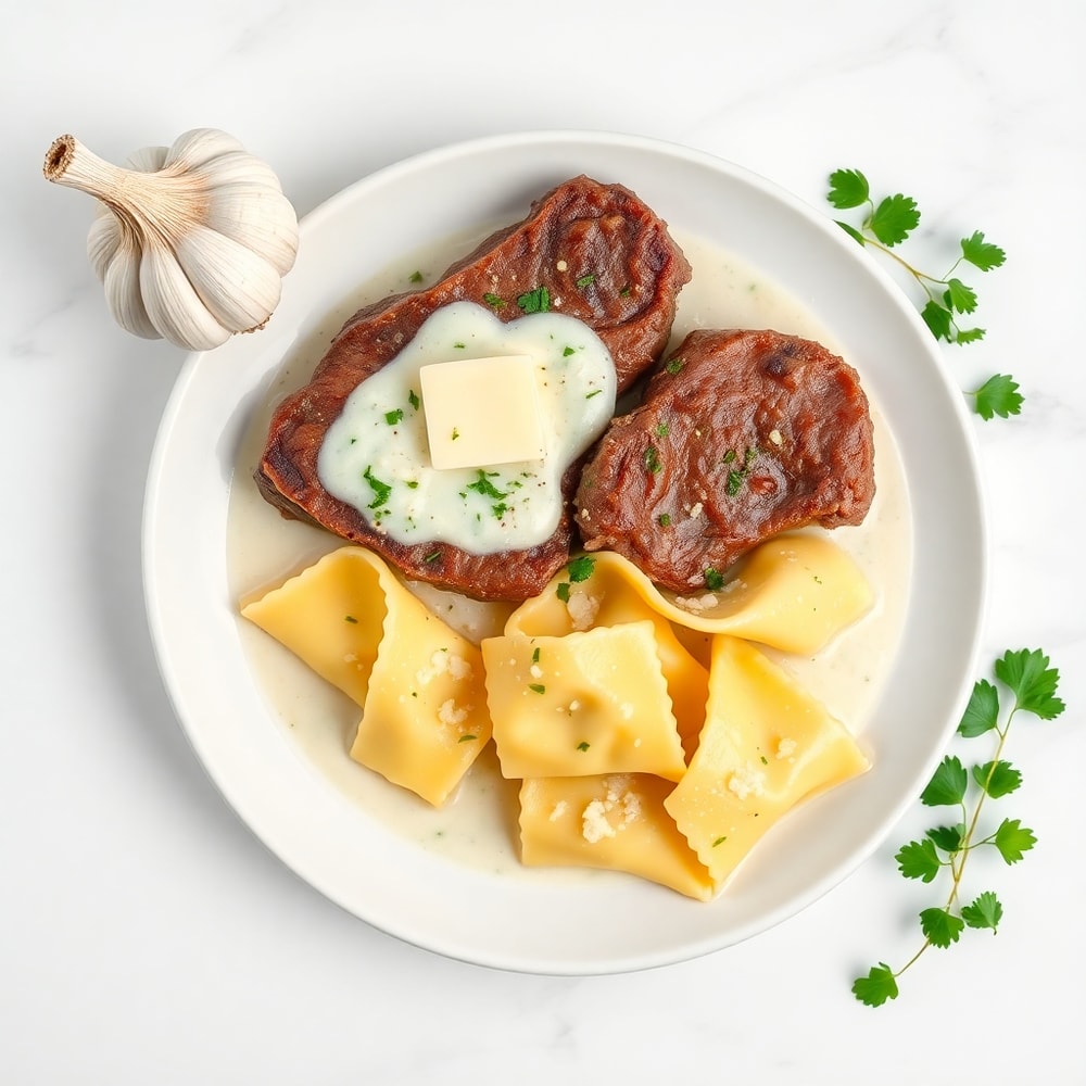 Garlic, steak, tortellini, heavy cream, butter, garlic, parmesan, parsley, salt, pepper, on marble surface