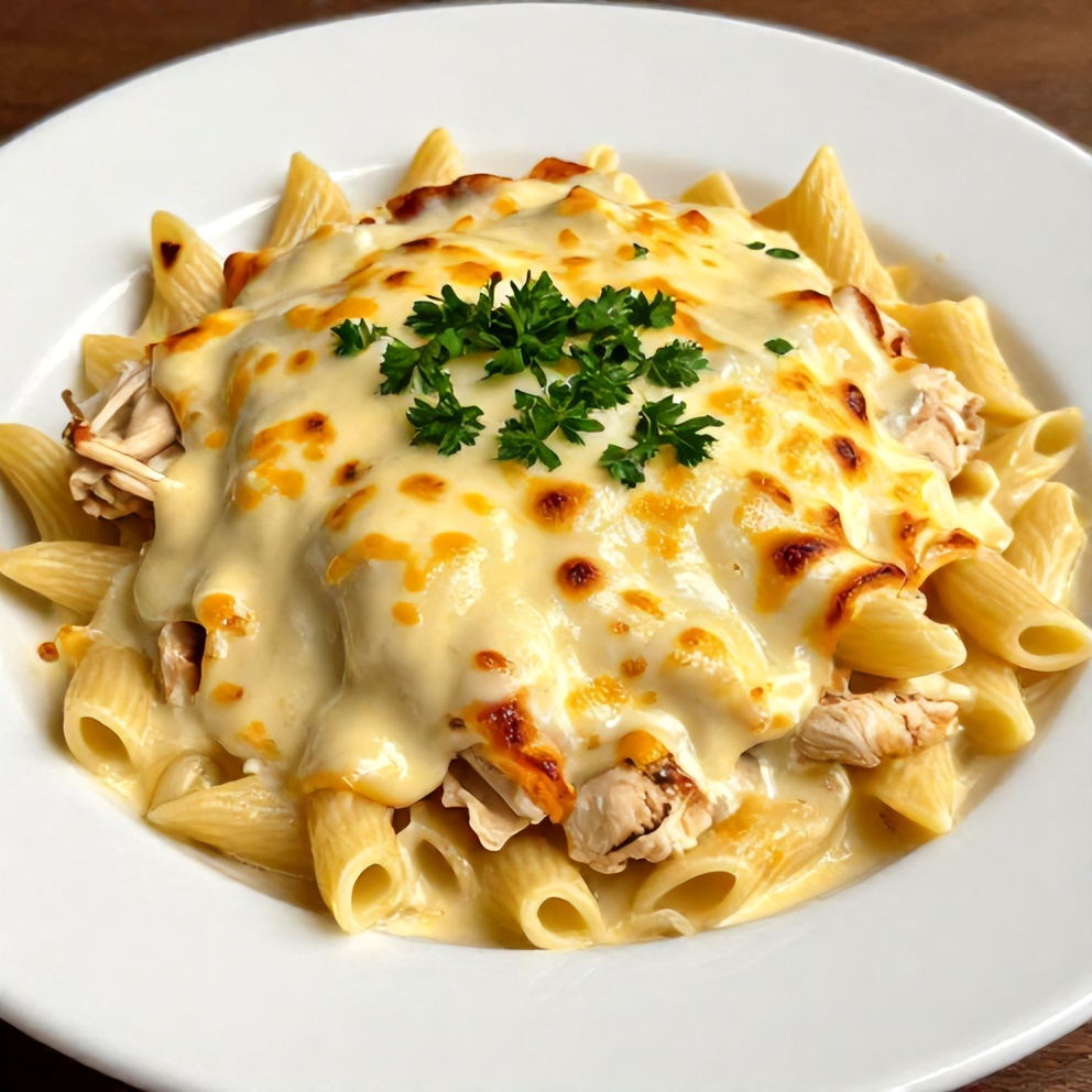 Plated serving of Creamy Lemon Chicken Pasta Bake on a white plate