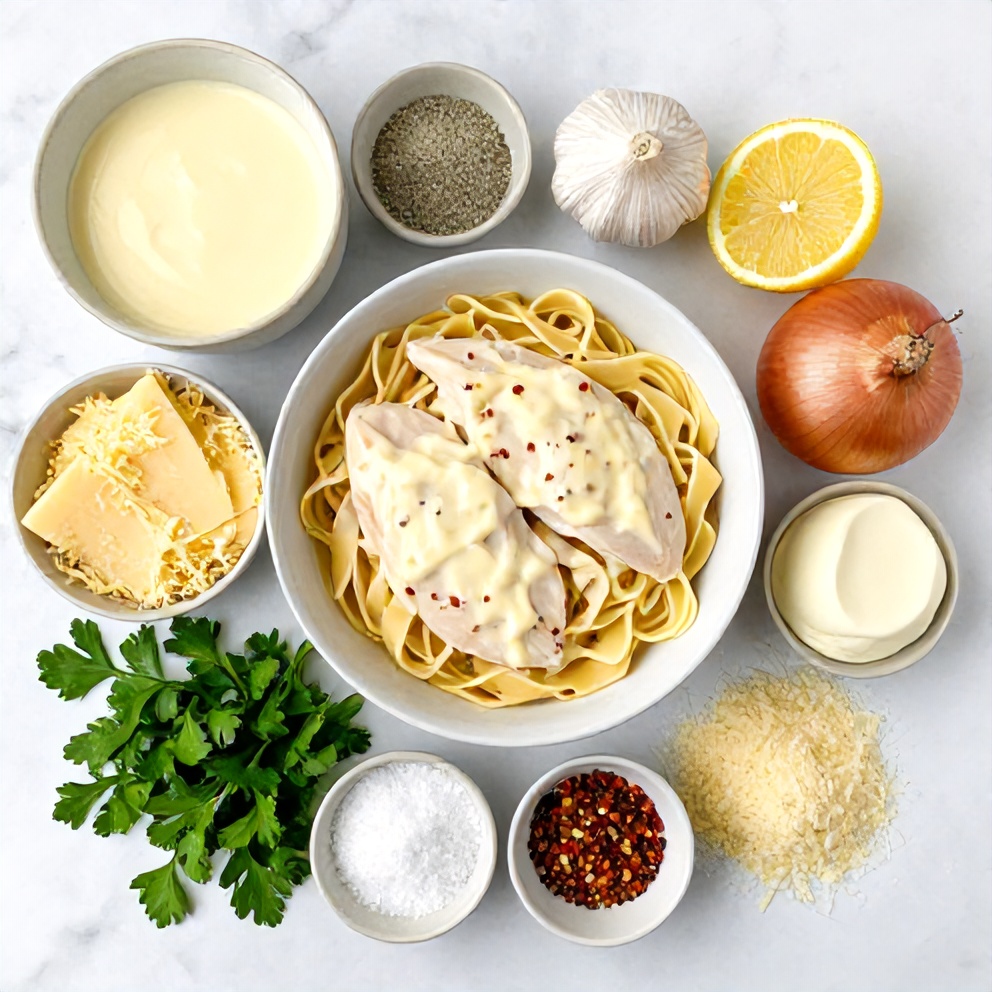 Raw ingredients for Creamy Lemon Chicken Pasta Bake on a white marble surface