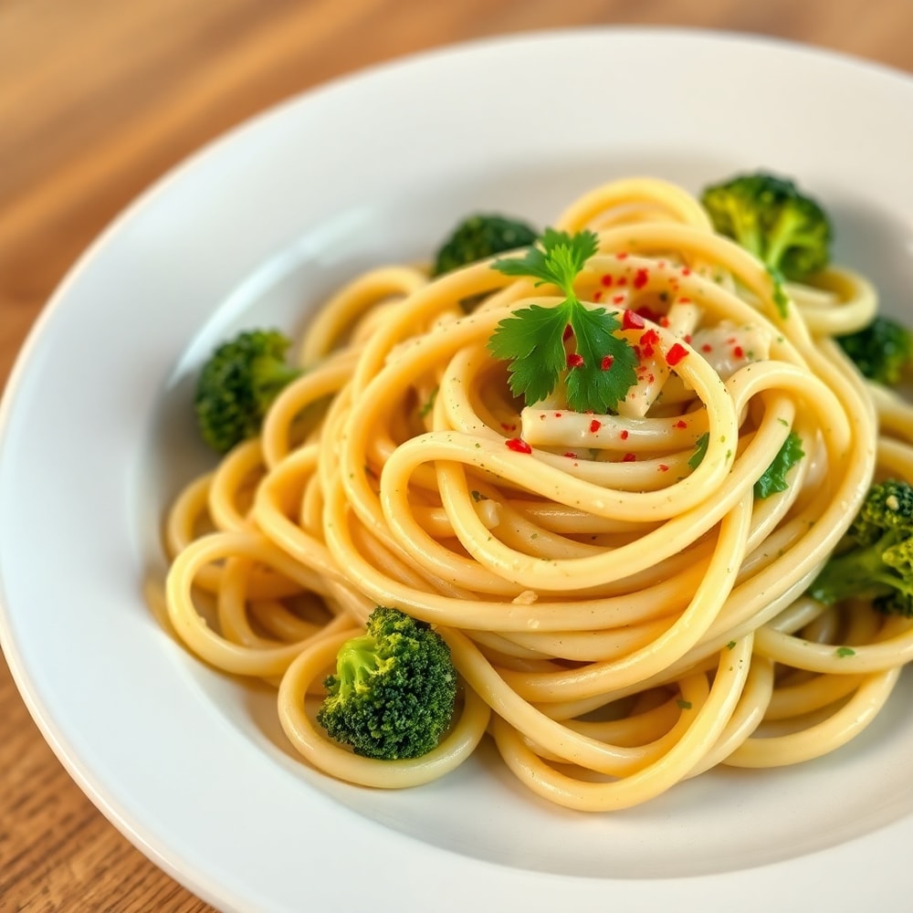 Plated Creamy Mafaldine Pasta Limone with Broccoli