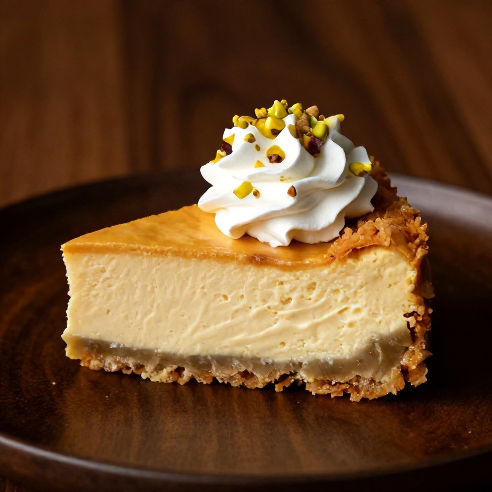 Sliced Pistachio Baklava Cheesecake on a plate