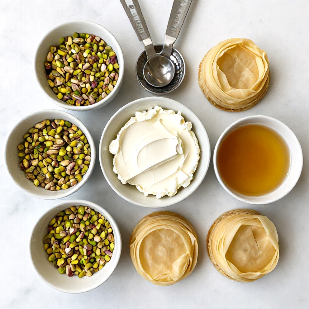 Raw ingredients for Pistachio Baklava Cheesecake