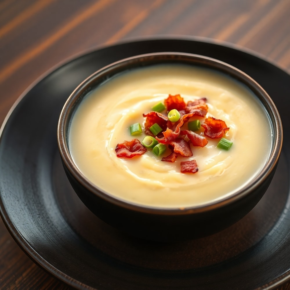 Bowl of creamy potato soup topped with crispy bacon and green onions