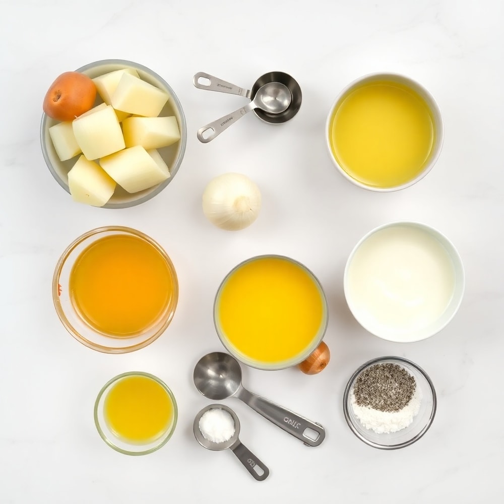 Ingredients for creamy potato soup: potatoes, onions, garlic, chicken broth, heavy cream, etc.
