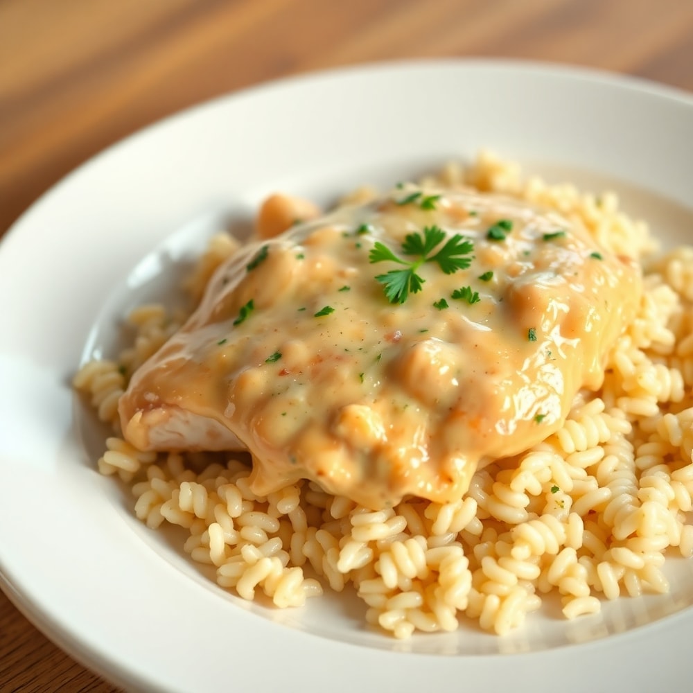 Plated Creamy Smothered Chicken and Rice with parsley garnish