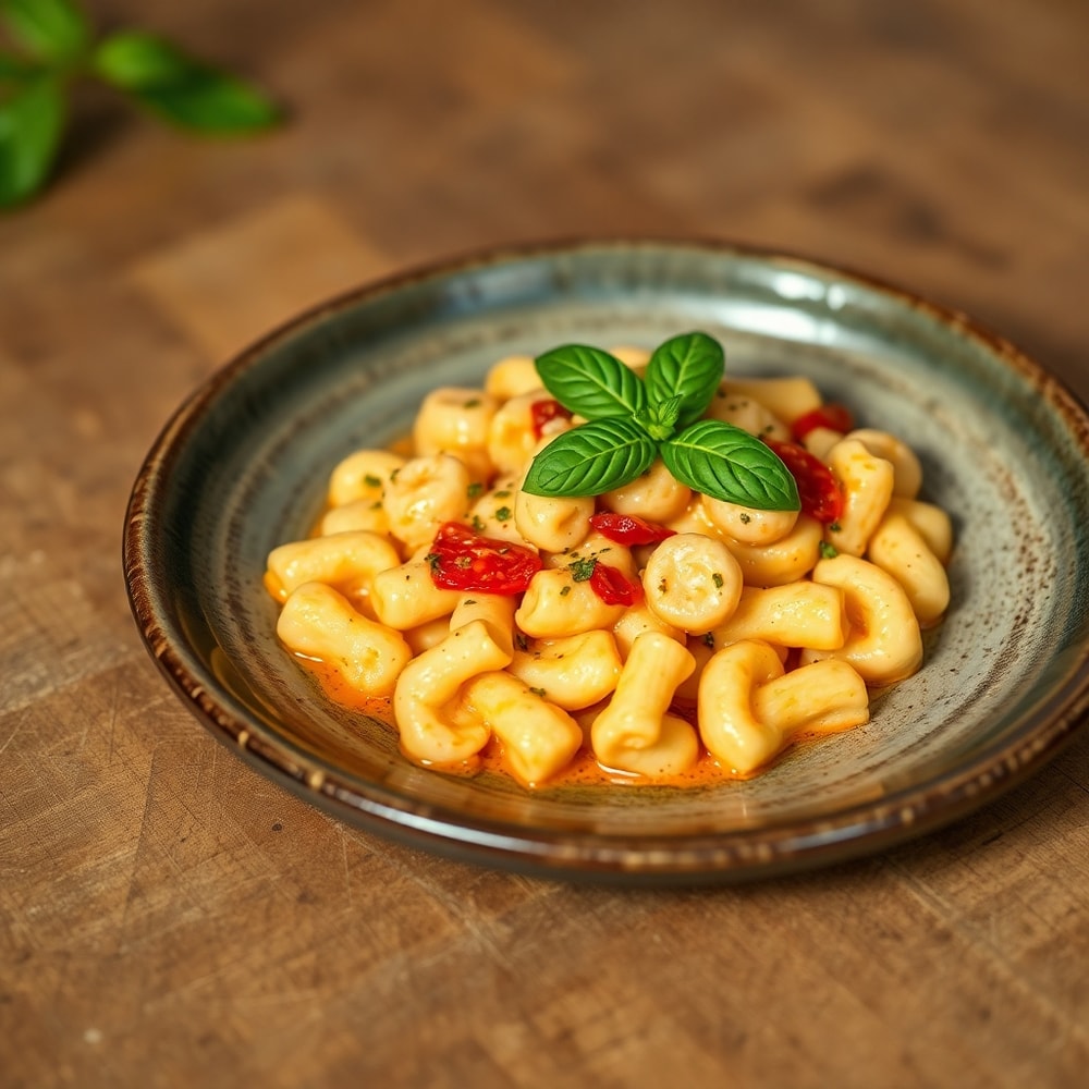Plated serving of Creamy Sundried Tomato Gnocchi on a rustic plate, garnished with fresh basil