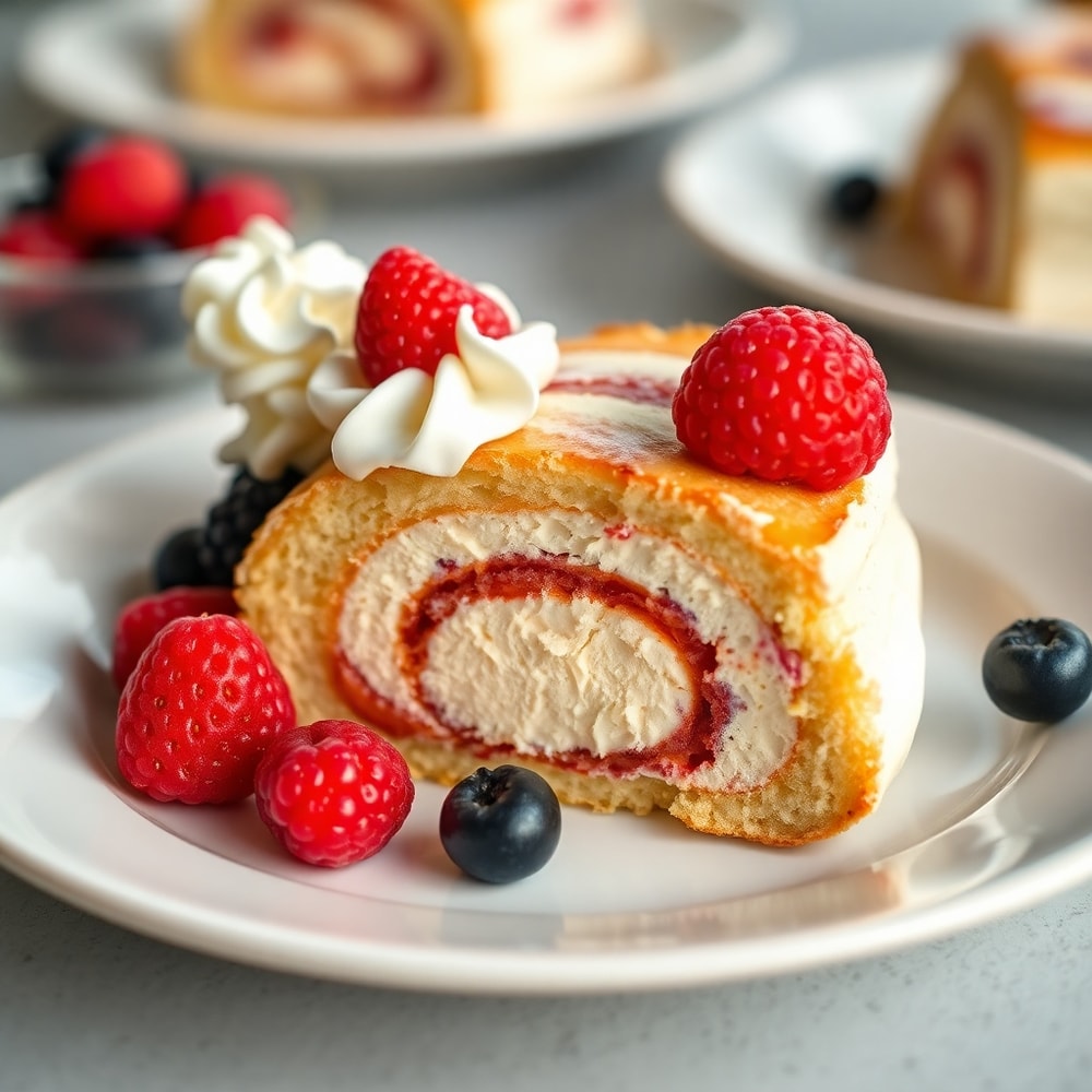Sliced creamy swirl ice cream bread treat on a dessert plate