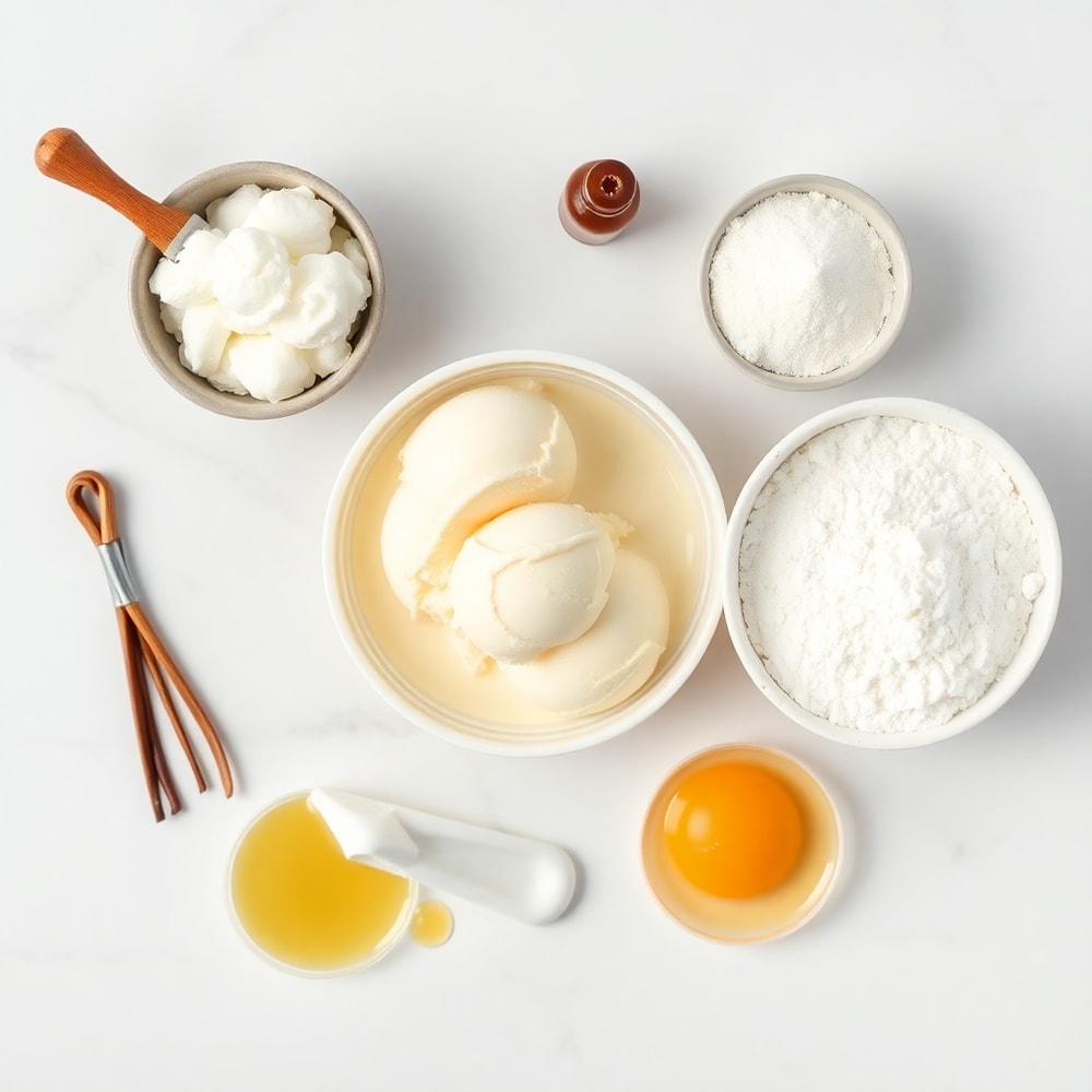 Raw ingredients for creamy swirl ice cream bread treat arranged on a marble surface