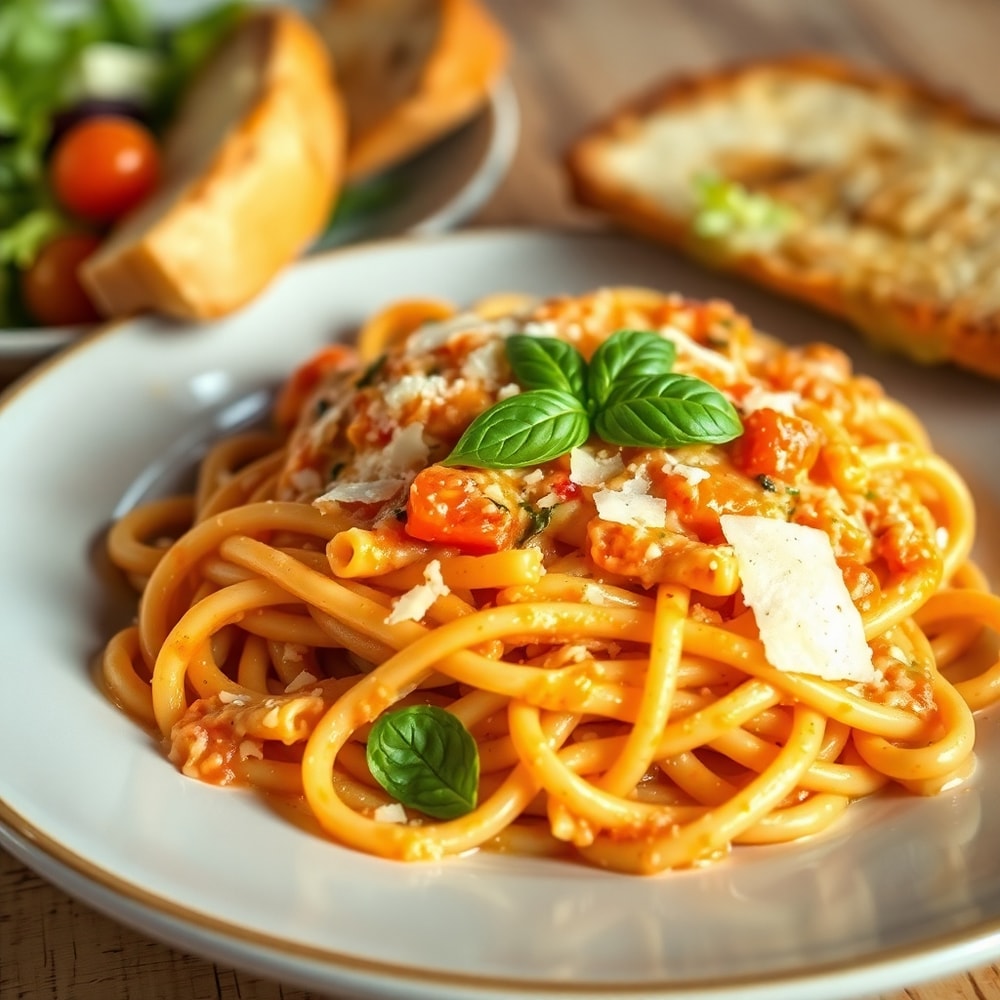 Plated creamy tomato garlic pasta with garlic bread and a side salad