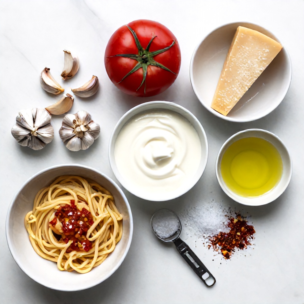 Raw ingredients for creamy tomato garlic pasta: garlic, canned tomatoes, heavy cream, parmesan, etc.