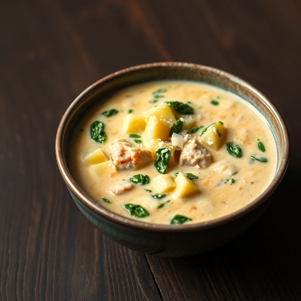 Bowl of Creamy Tuscan Chicken Potato Soup with a sprinkle of parmesan