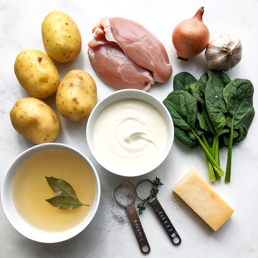 Raw ingredients for Creamy Tuscan Chicken Potato Soup laid out