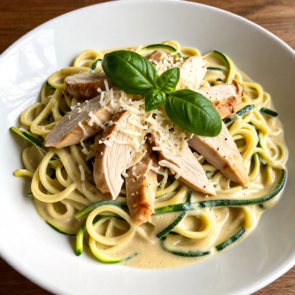 Plated Creamy Zucchini Noodle Chicken Alfredo – creamy sauce, zucchini noodles, parmesan