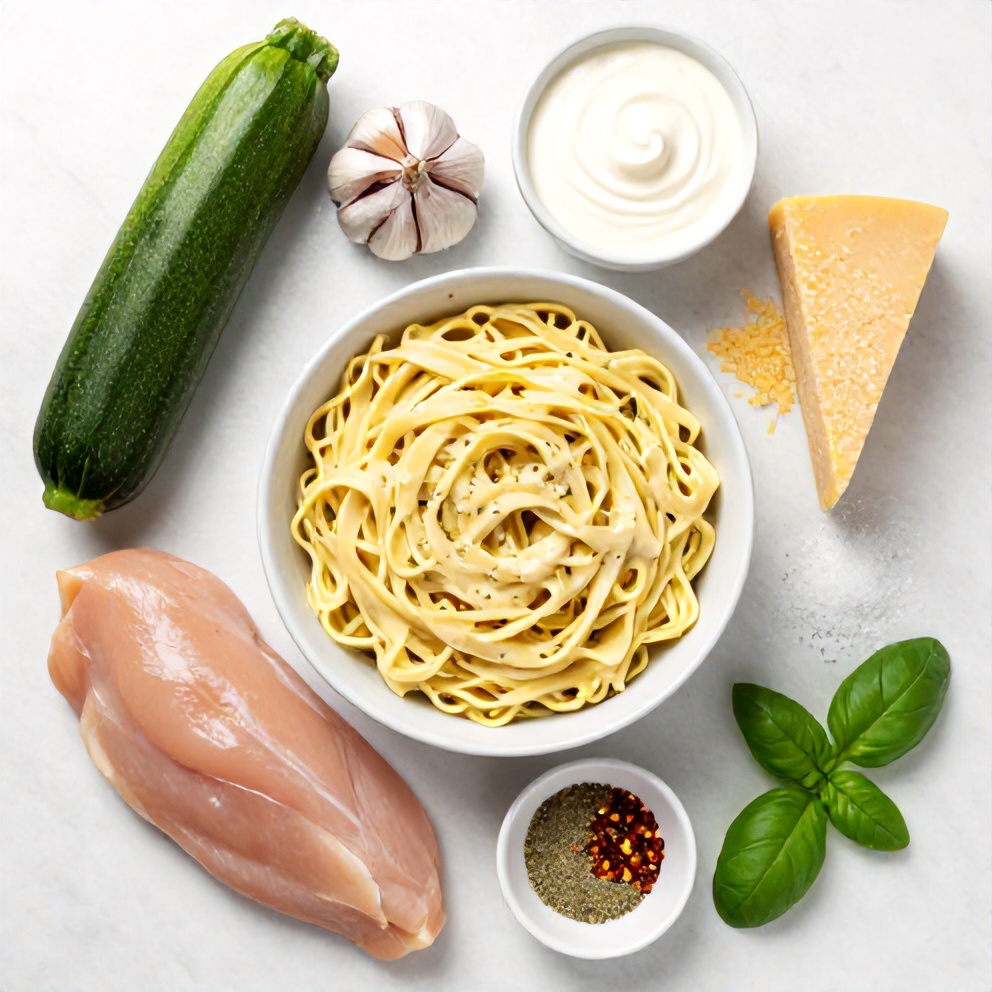 Raw ingredients for Creamy Zucchini Noodle Chicken Alfredo – chicken, zucchini, garlic, heavy cream, parmesan