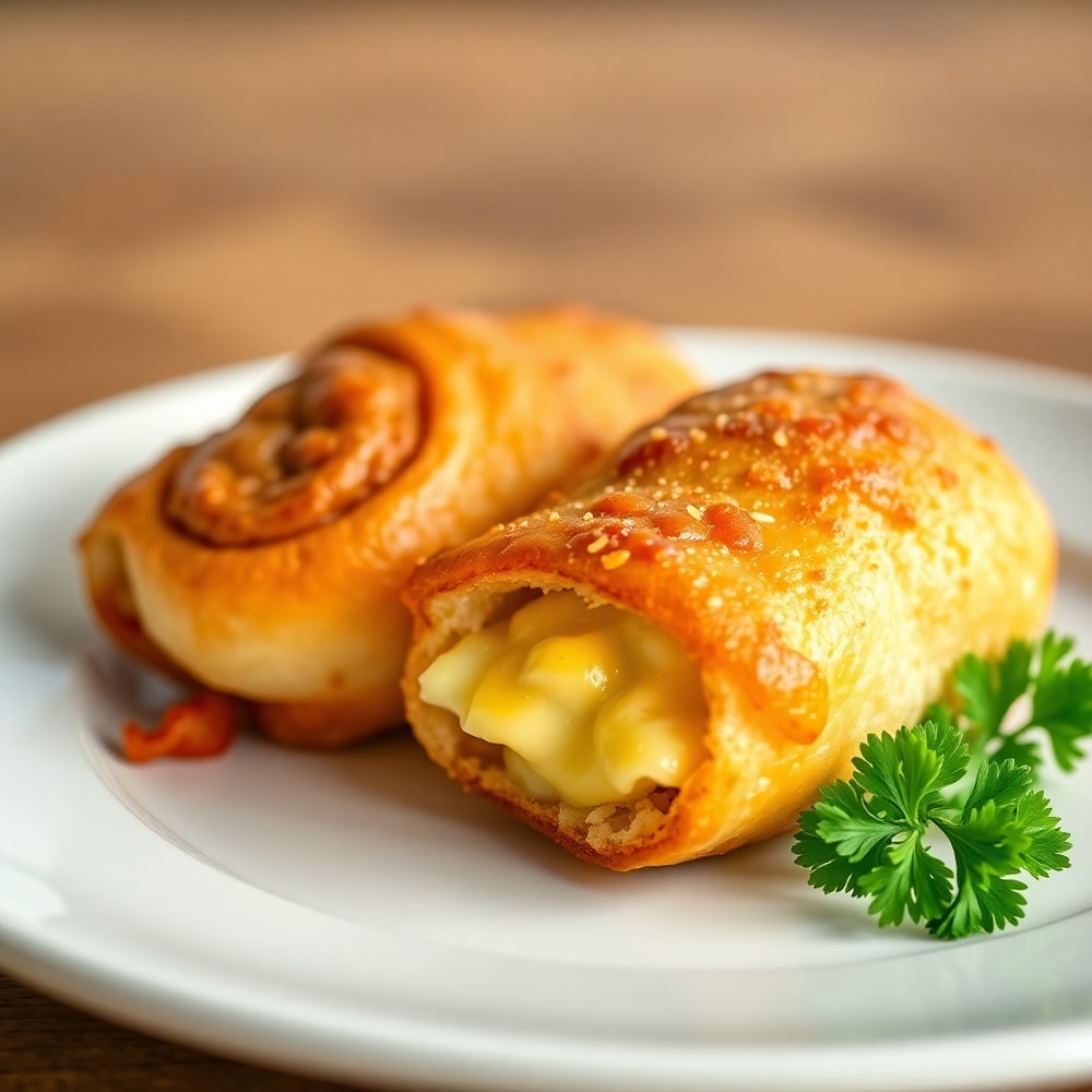 Plated cheese and bacon rolls on a white plate