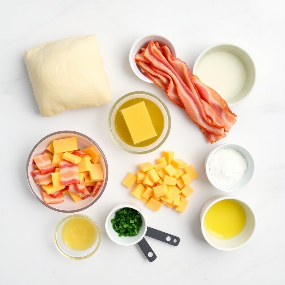 Raw ingredients for 4 ingredient cheese and bacon rolls on a marble surface