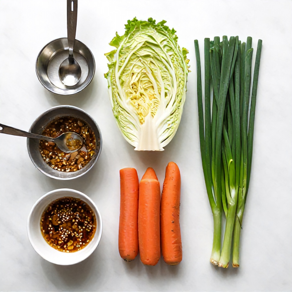 Raw ingredients for Crispy Asian Slaw with Sesame Ginger Dressing