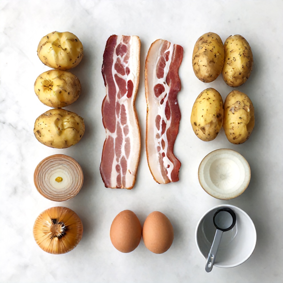 Bacon potato frittata ingredients on a marble counter