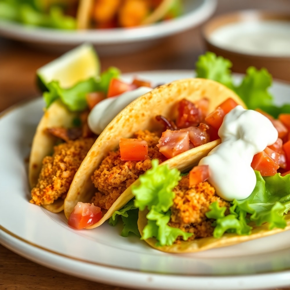 Plated Baked Chicken Bacon Ranch Tacos with lettuce, tomato, and sour cream
