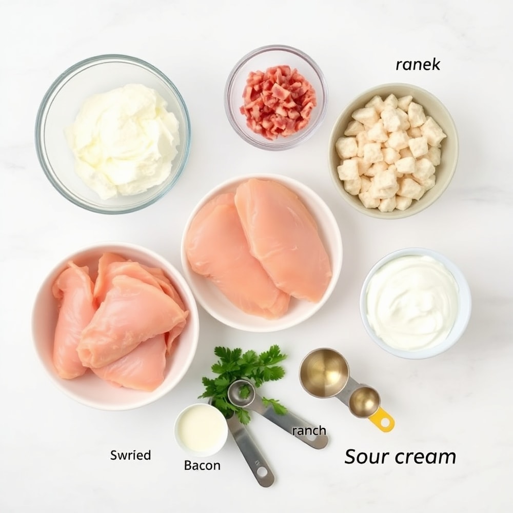 Raw ingredients for Baked Chicken Bacon Ranch Tacos including chicken, bacon, and ranch seasoning