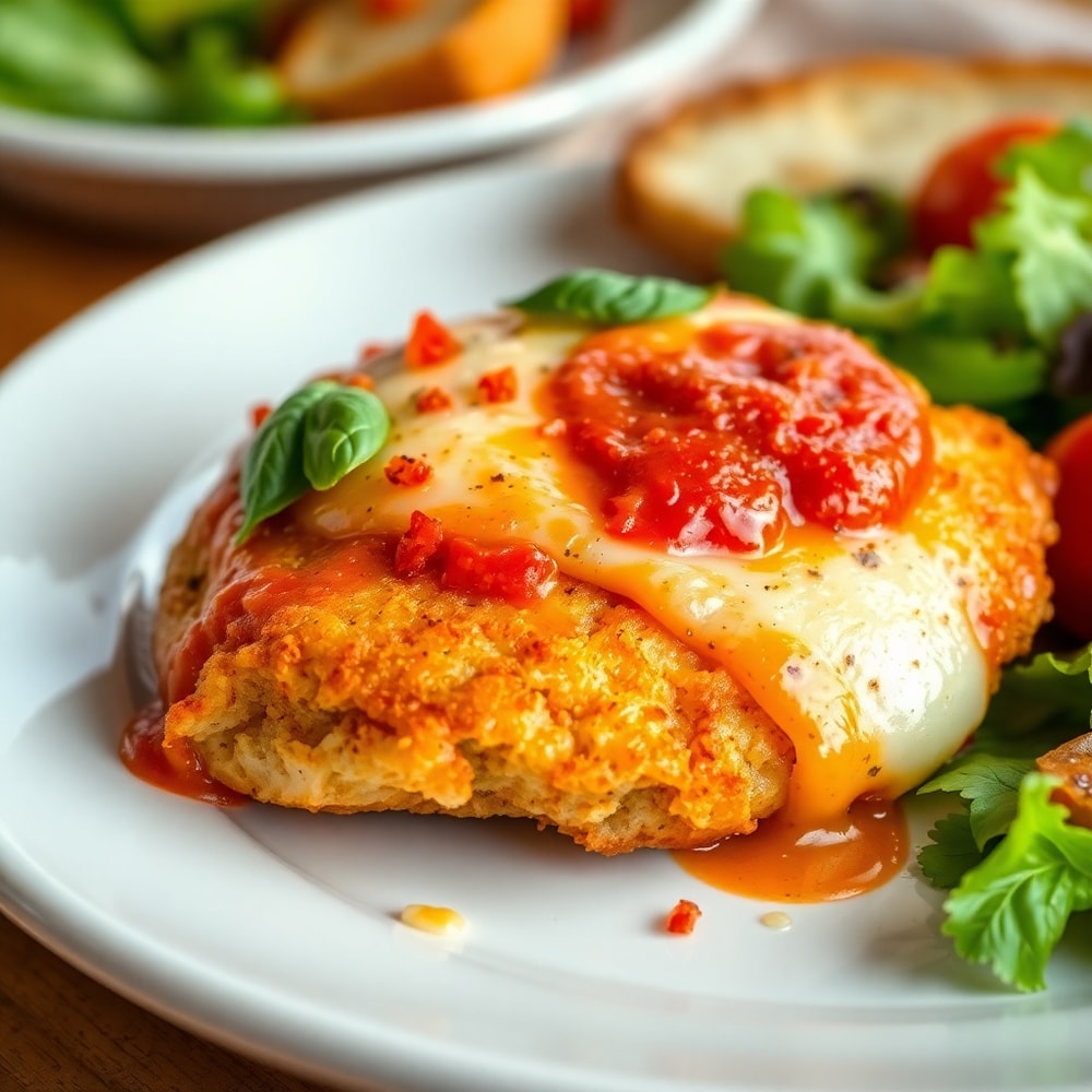 Plated Crispy Baked Chicken Parmesan with garlic bread and side salad