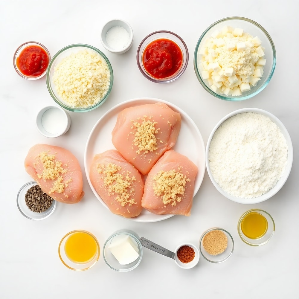 Raw ingredients for Crispy Baked Chicken Parmesan including chicken breasts, breadcrumbs, Parmesan cheese, and marinara sauce