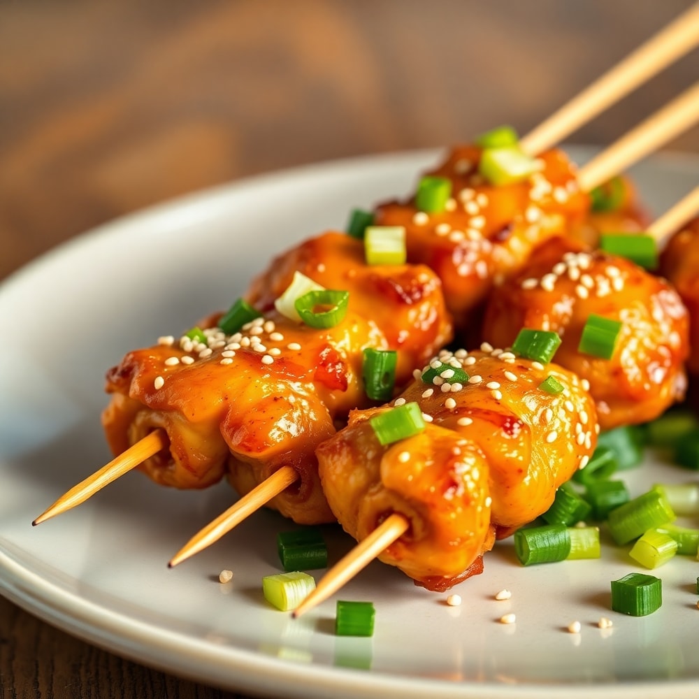 Plated Bang Bang Chicken Skewers with green onions and sesame seeds