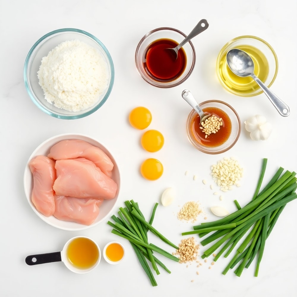 Raw ingredients for Bang Bang Chicken Skewers on a white marble surface