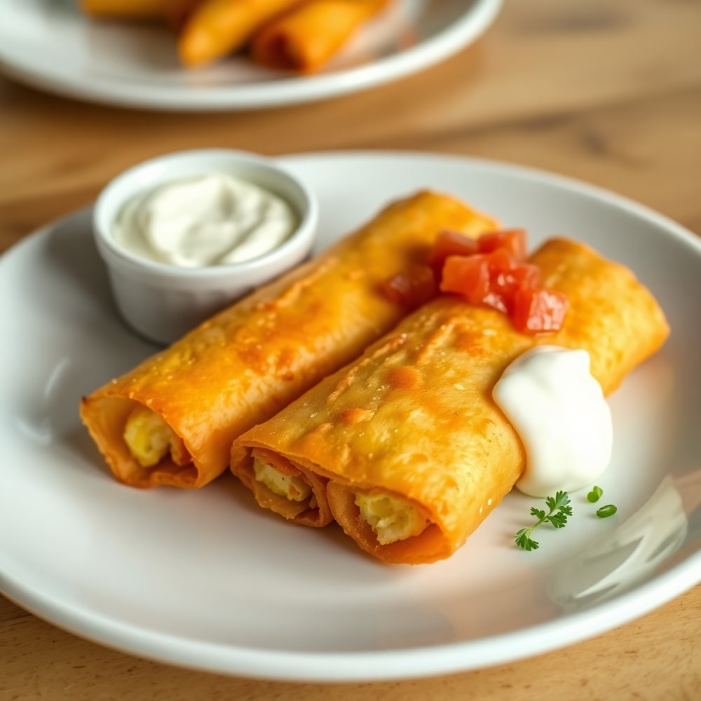 Plated breakfast egg rolls with dipping sauce