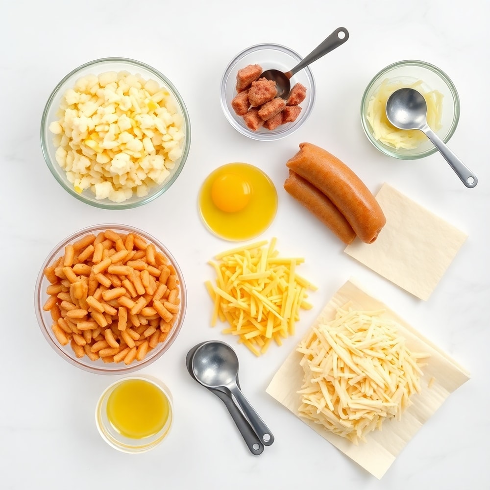 Breakfast egg roll ingredients on a marble counter