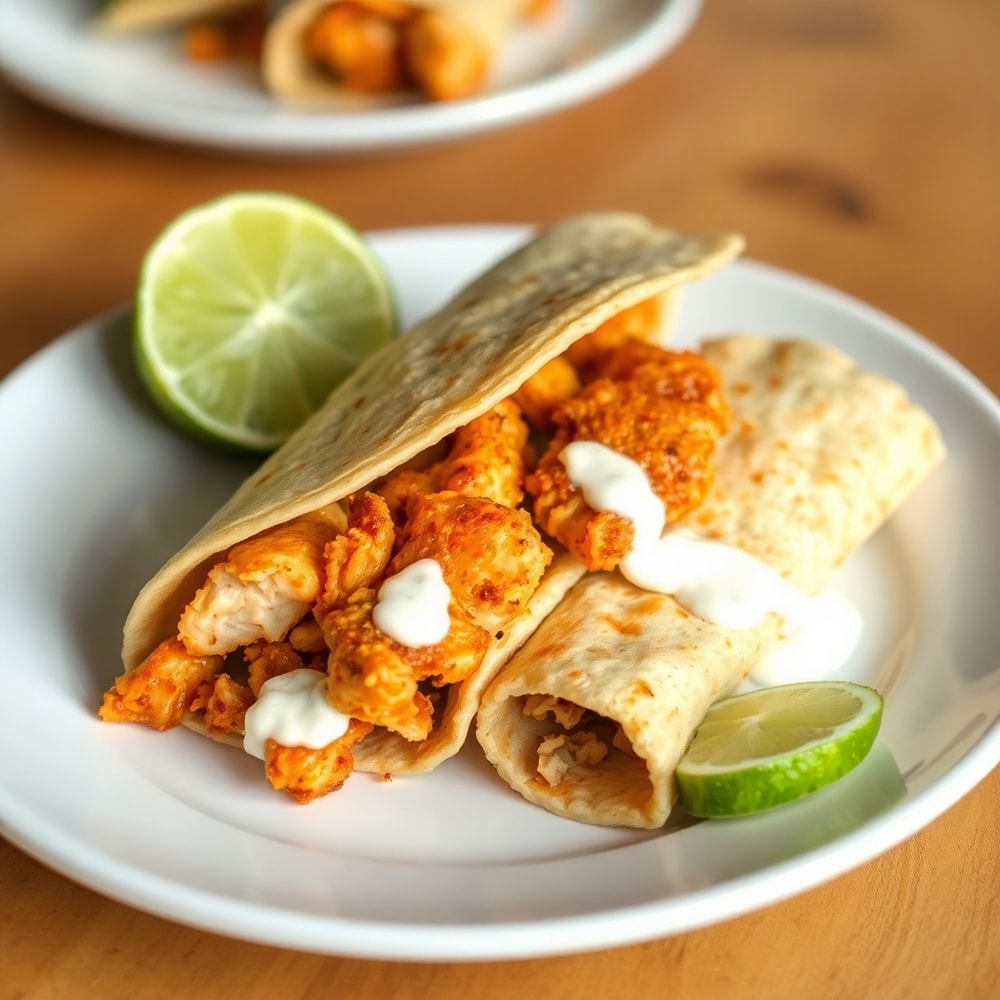 Crispy Chipotle Ranch Grilled Chicken Burrito on a white plate with a lime wedge