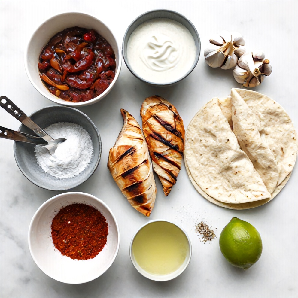 Raw ingredients for Chipotle Ranch Grilled Chicken Burrito on a marble surface
