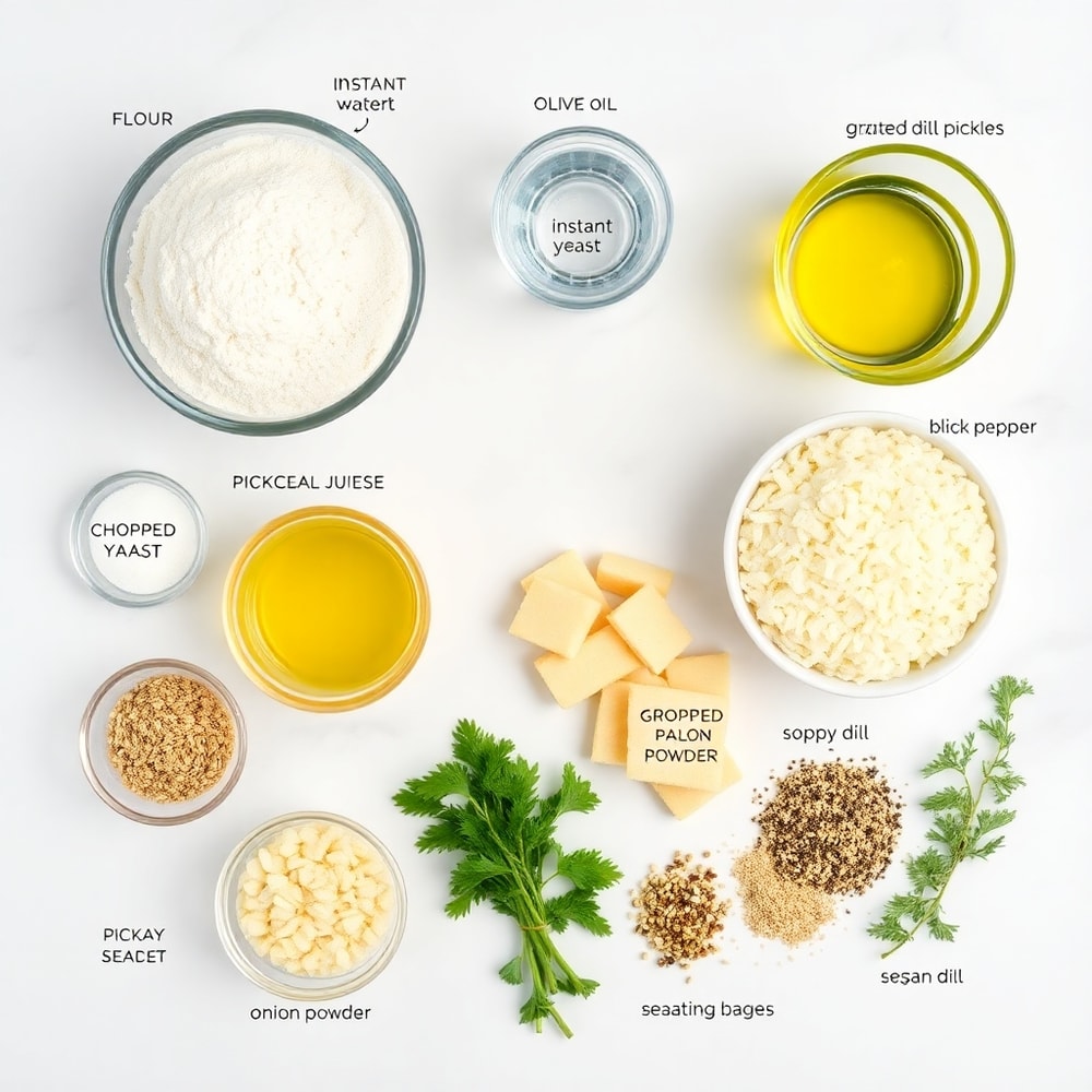 Raw ingredients for Dill Pickle Bread on a marble counter