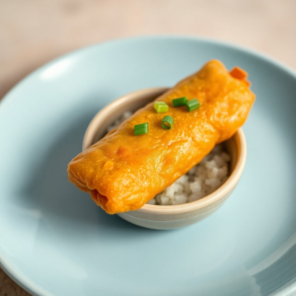 Egg Roll in a Bowl plated on a light blue plate with green onions as garnish