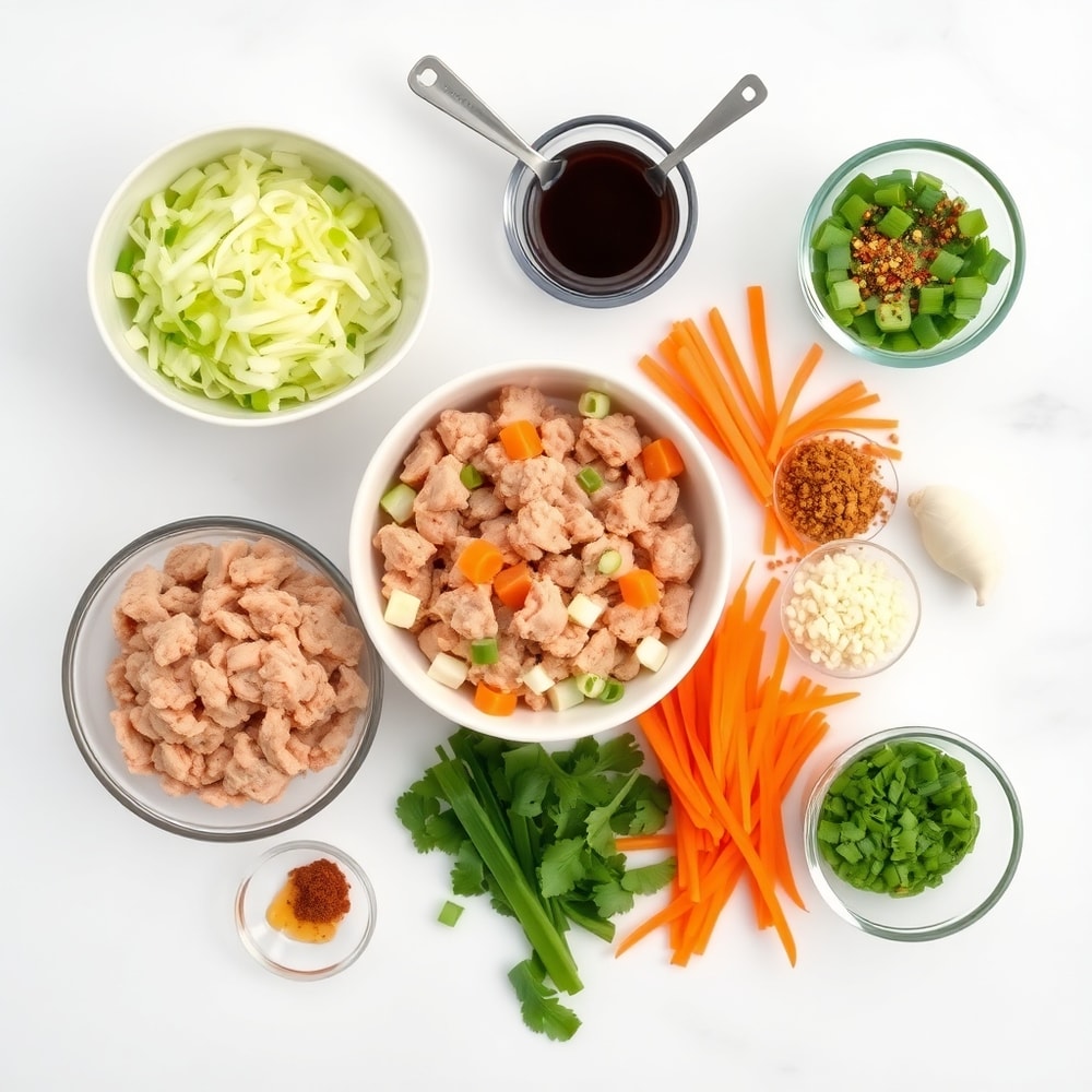 Raw ingredients for Egg Roll in a Bowl arranged on a white marble surface
