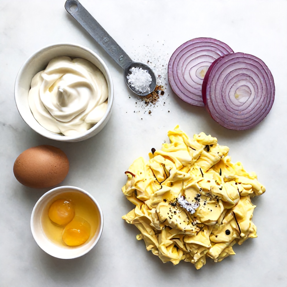 Raw ingredients for Crispy Egg Salad including eggs, mayonnaise, and crispy onions