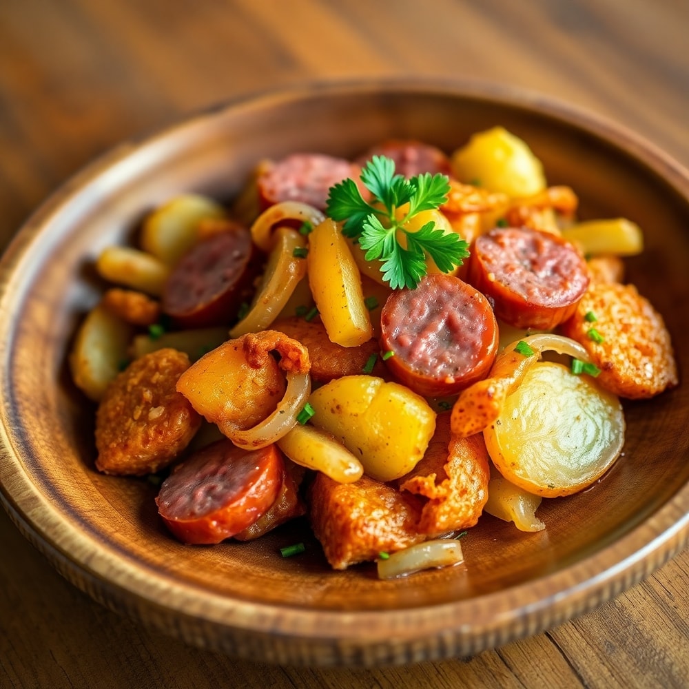 Plated Serving of Crispy Fried Potatoes, Onions, and Smoked Polish Sausage