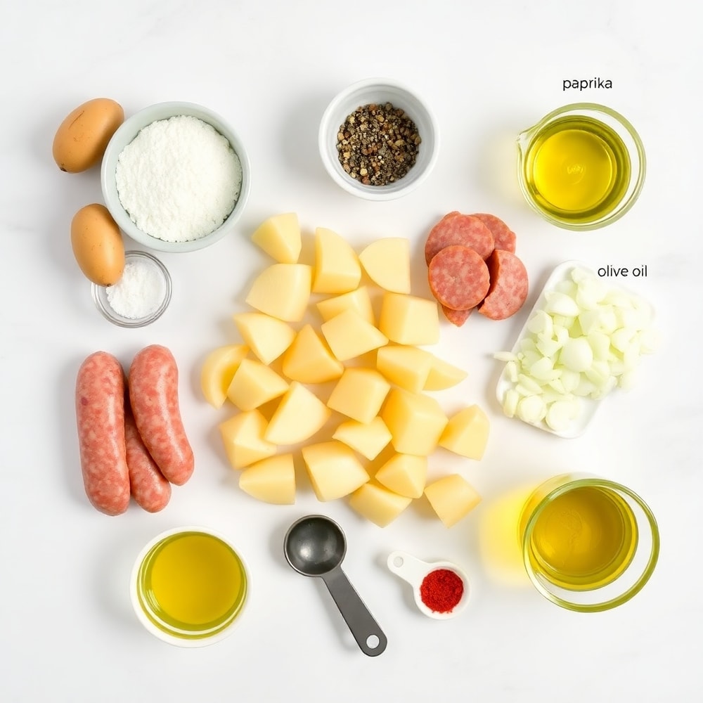 Raw Ingredients for Fried Potatoes, Onions, and Smoked Polish Sausage