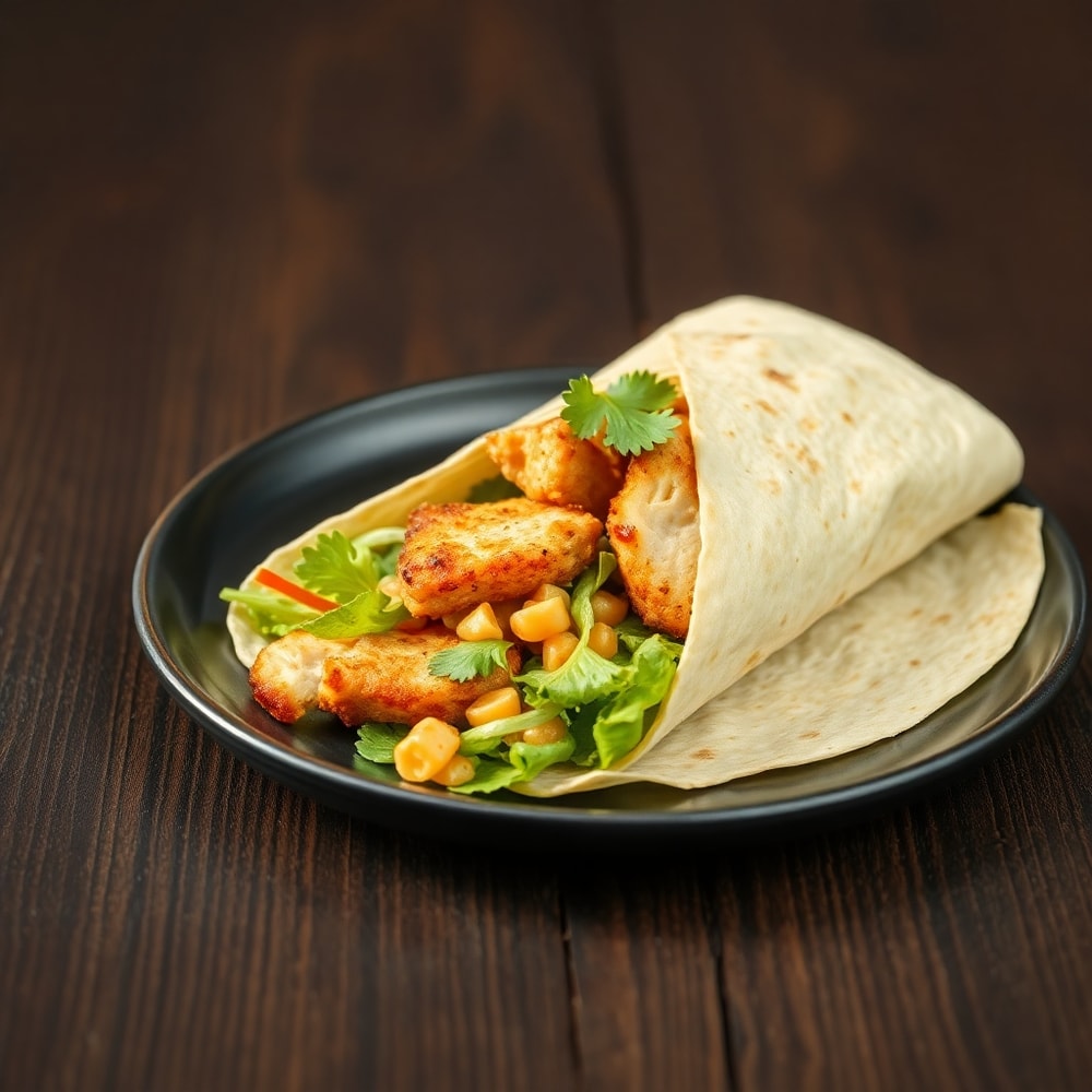 Close-up of a crispy chicken Caesar wrap on a dark wooden surface