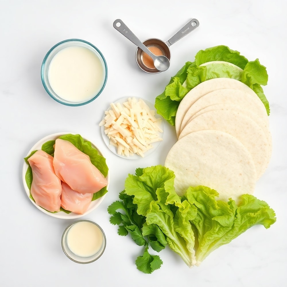 Raw ingredients for chicken Caesar wraps on a white marble surface