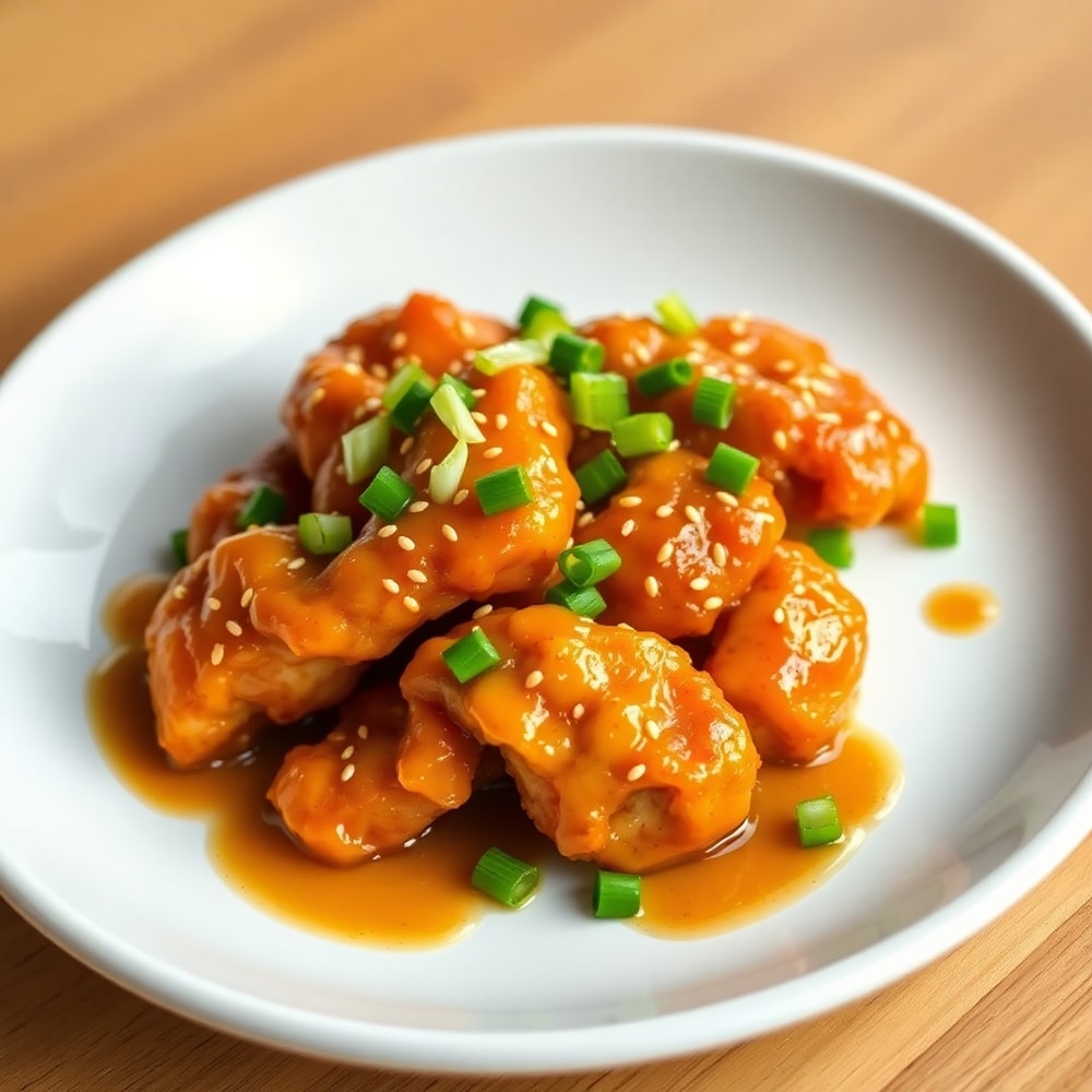 Plated Crispy Honey Garlic Chicken with green onions