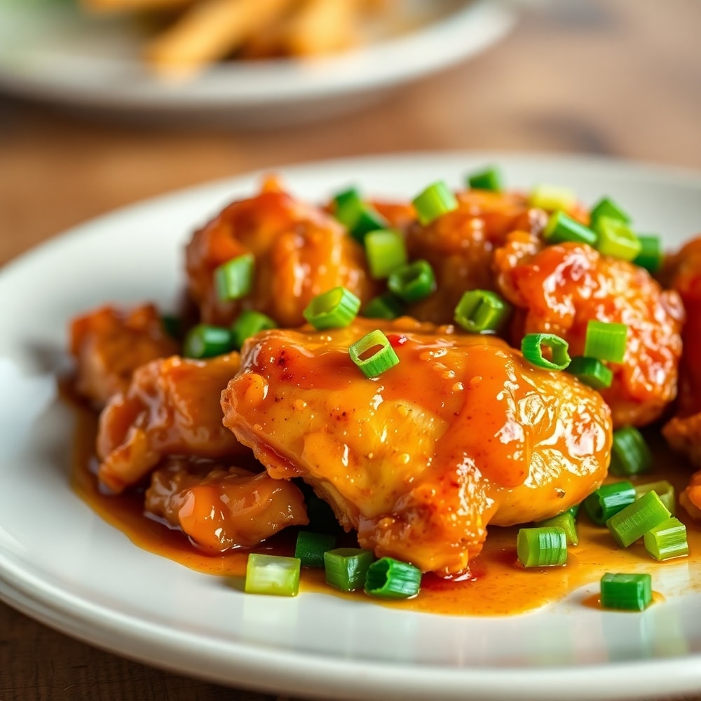 Plated Crispy Honey Garlic Chicken with green onions