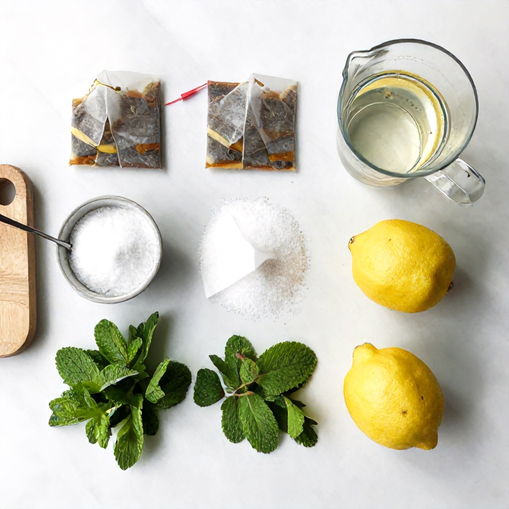 Raw ingredients for Mint and Lemon Verbena Iced Tea including tea bags, sugar, lemons, and mint leaves