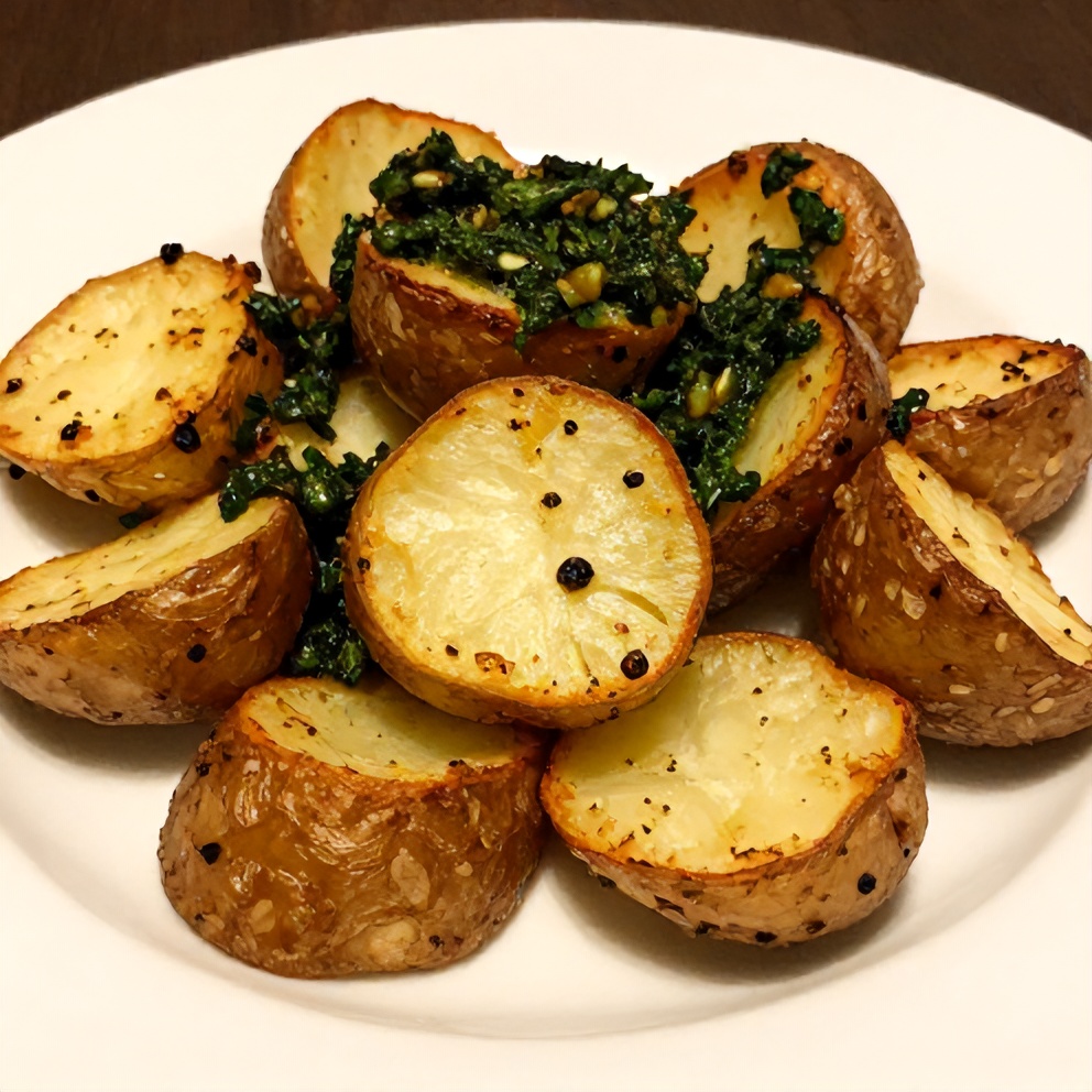 One perfect plated serving of Crispy Parmesan Pesto Roasted Potatoes on a white plate, warm side lighting showing the crispy edges and the soft, fluffy insides, photorealistic food photography, no text, no watermark.