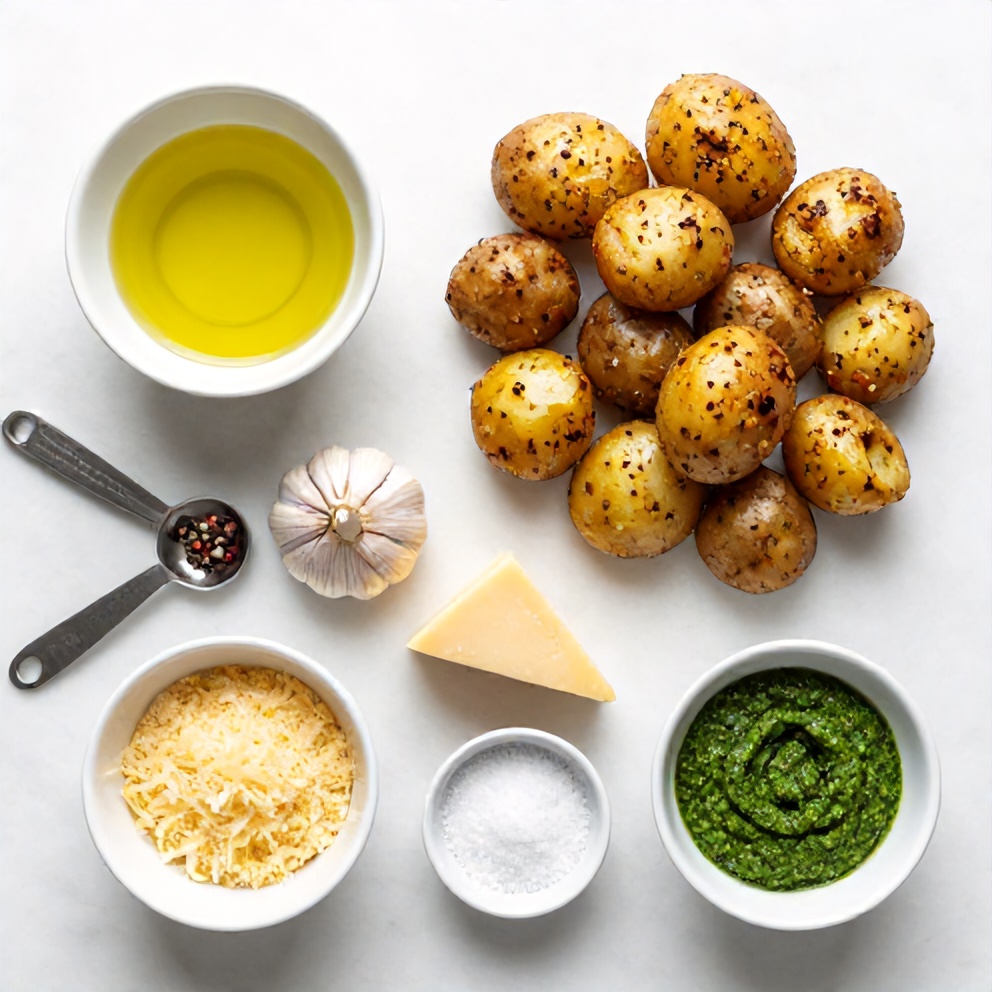 Overhead flat lay of the raw ingredients for Crispy Parmesan Pesto Roasted Potatoes, including potatoes, olive oil, garlic, parmesan cheese, pesto, salt, and pepper, small prep bowls and measuring spoons visible, white marble surface, bright even light, photorealistic overhead food photography, no text, no watermark.