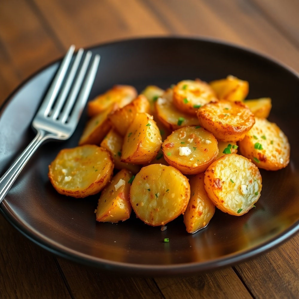 A serving of Crispy Ranch Potatoes on a plate with a fork