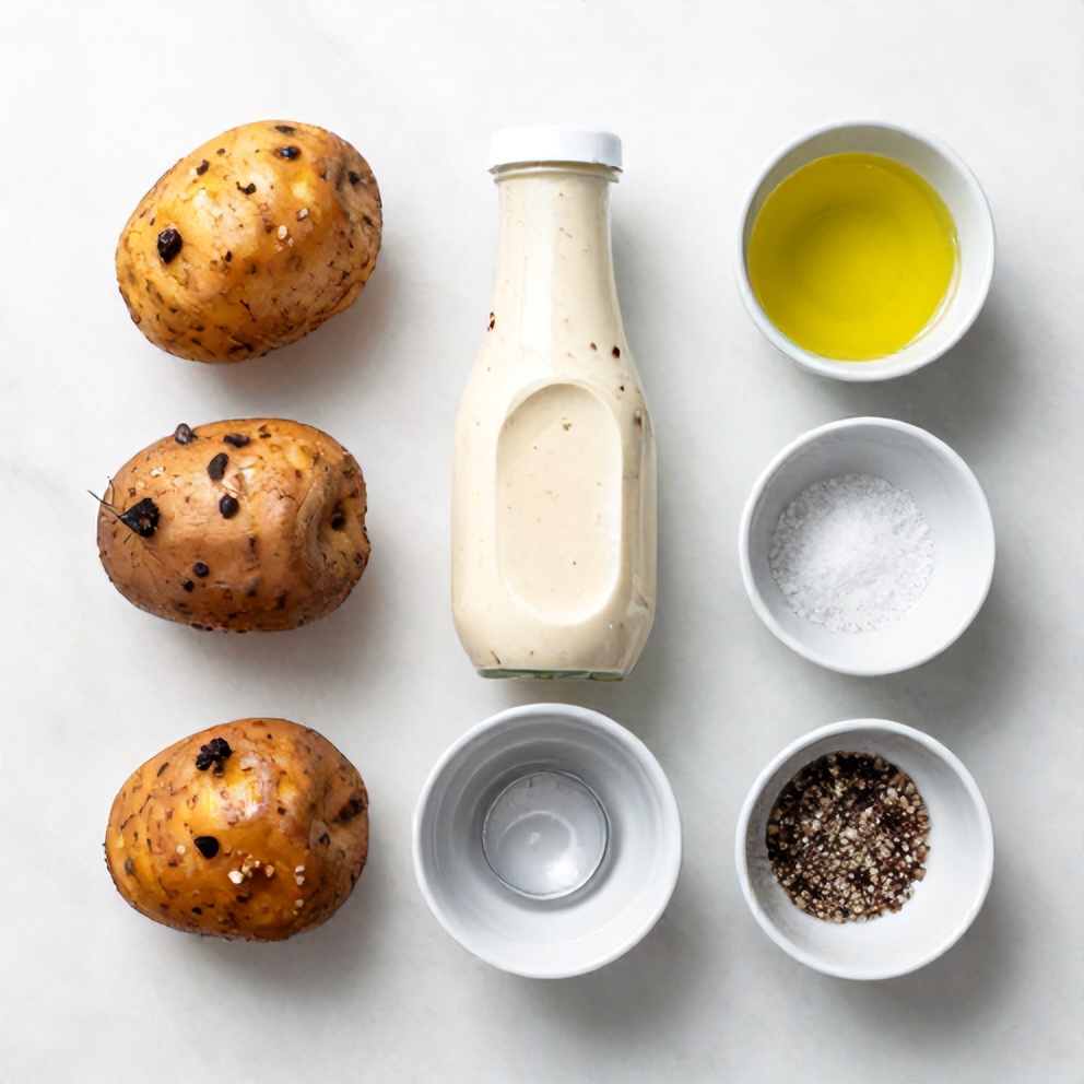Ranch dressing, potatoes, olive oil, salt, and pepper arranged on a marble surface